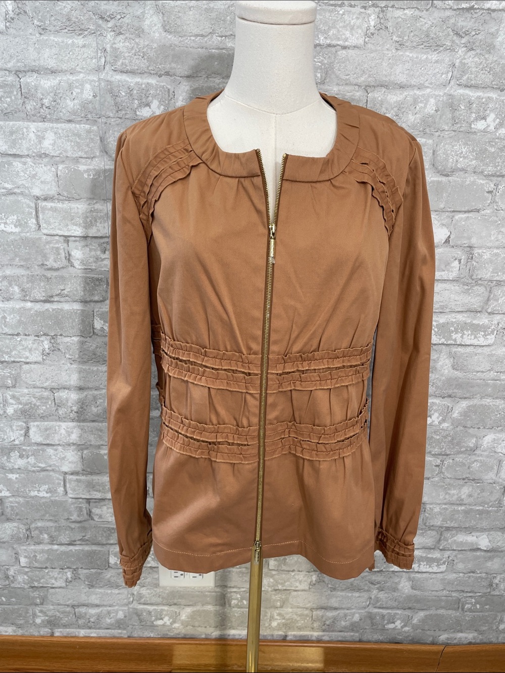 W by Worth Rust-Tan Zip Front Ruffle-Trim Jacket